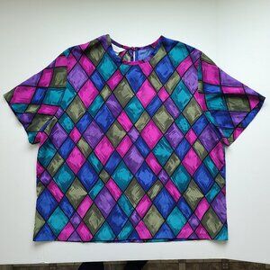 Vintage 90s Diamond Blouse Tag sz 2XL Chest 51" Colorful Purple Blue